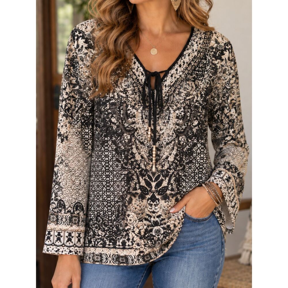 Belle Kim Gravel Boho Paisley Rhinestone Tie Neck Bell Sleeve Blouse Medium